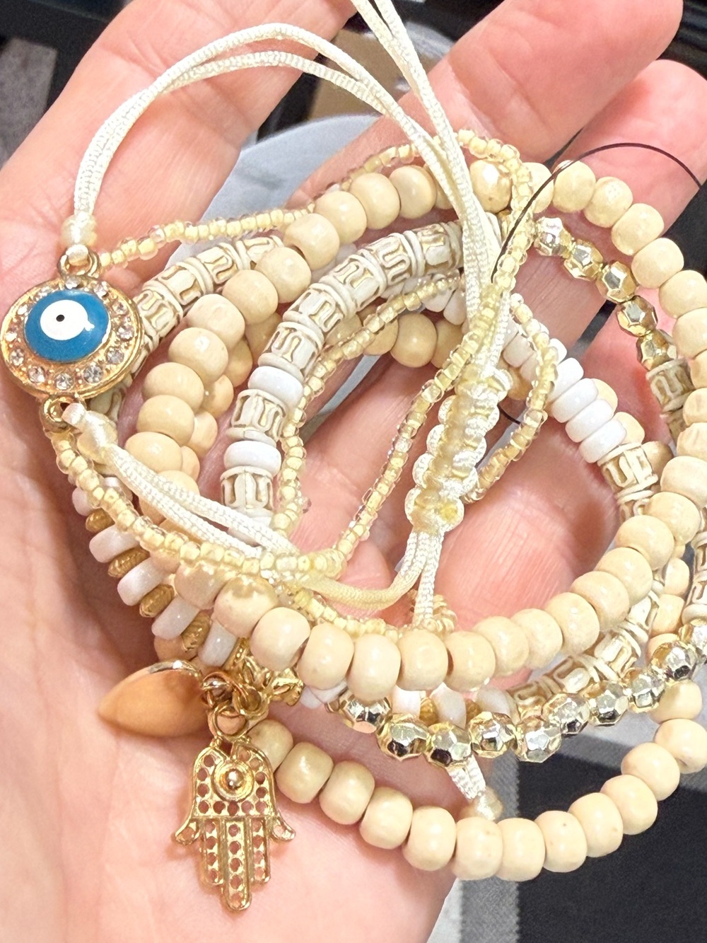 Beige Multi-Strand Hamsa & Evil Eye Bracelet Set